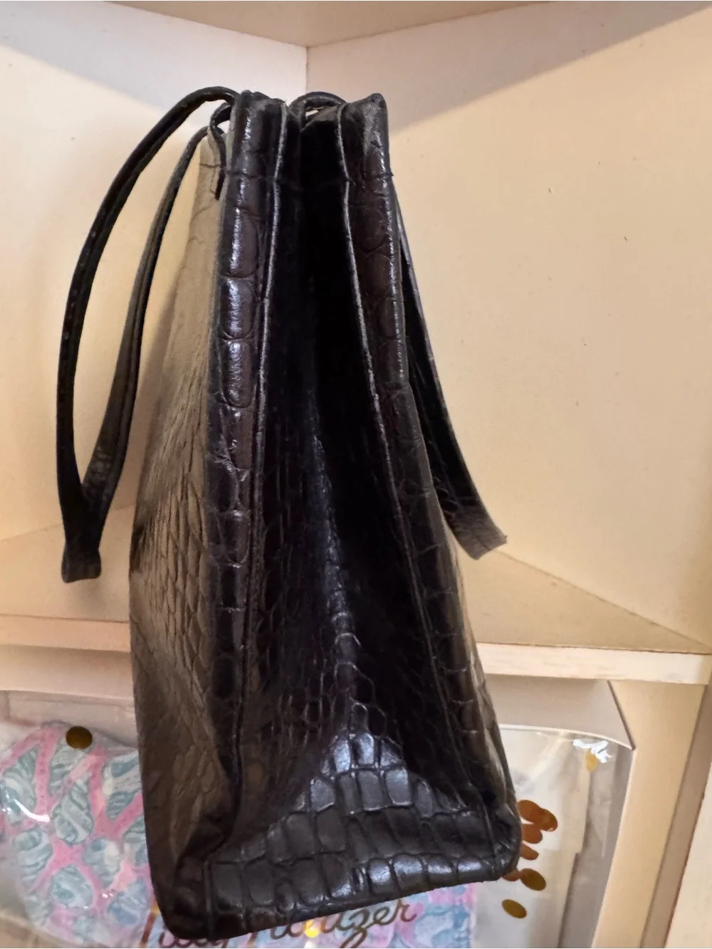 Salvatore Ferragamo Black Croc-Embossed Leather Bag with Gold Hardware